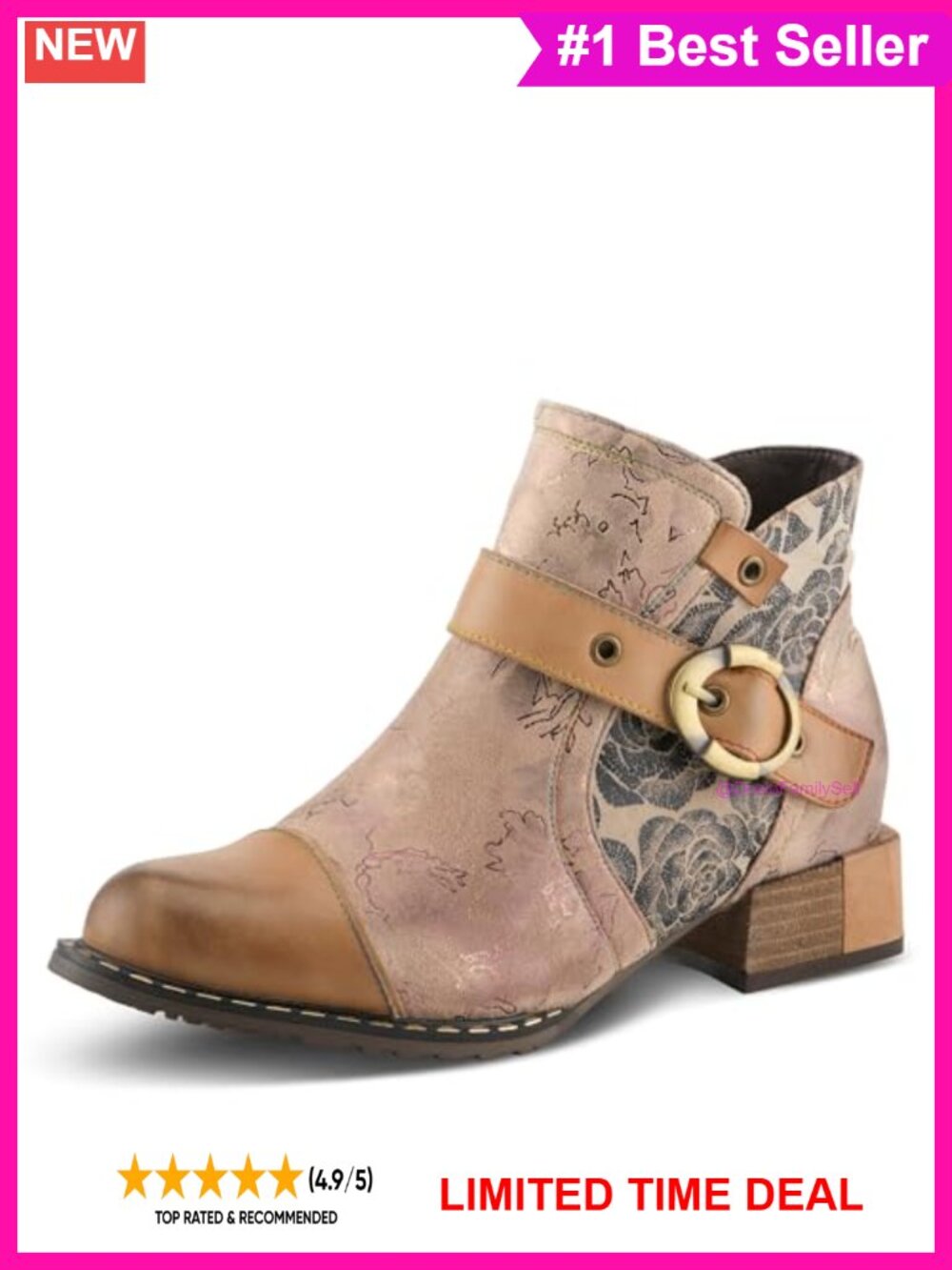 Hand-Painted Leather Ankle Booties with Faux Fur Faux Leather Block Heel